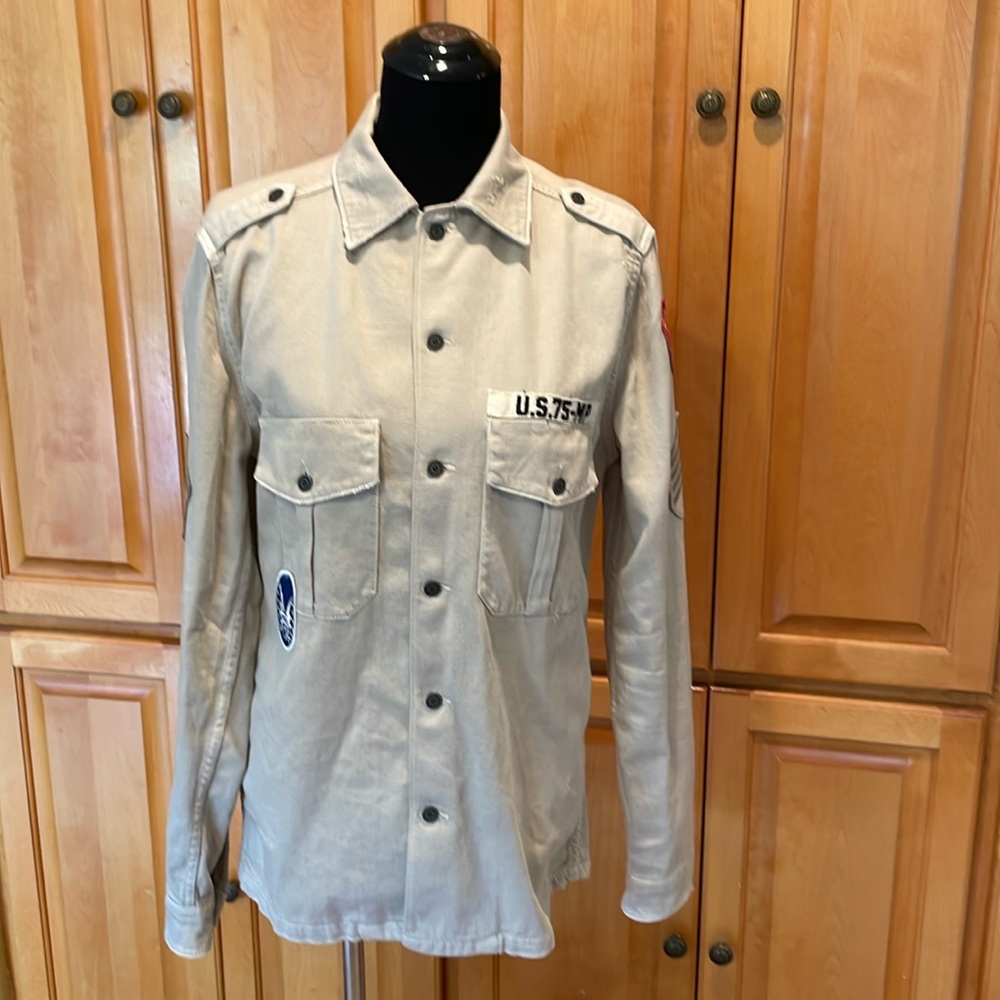 Zara Denim Relaxed Fit Distressed Light Khaki Military Jacket Size S